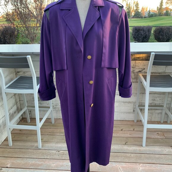 Vintage 80s 90s Purple Wool Gold Button Beltless Long Trench Coat Retro Overcoat - Picture 2 of 16
